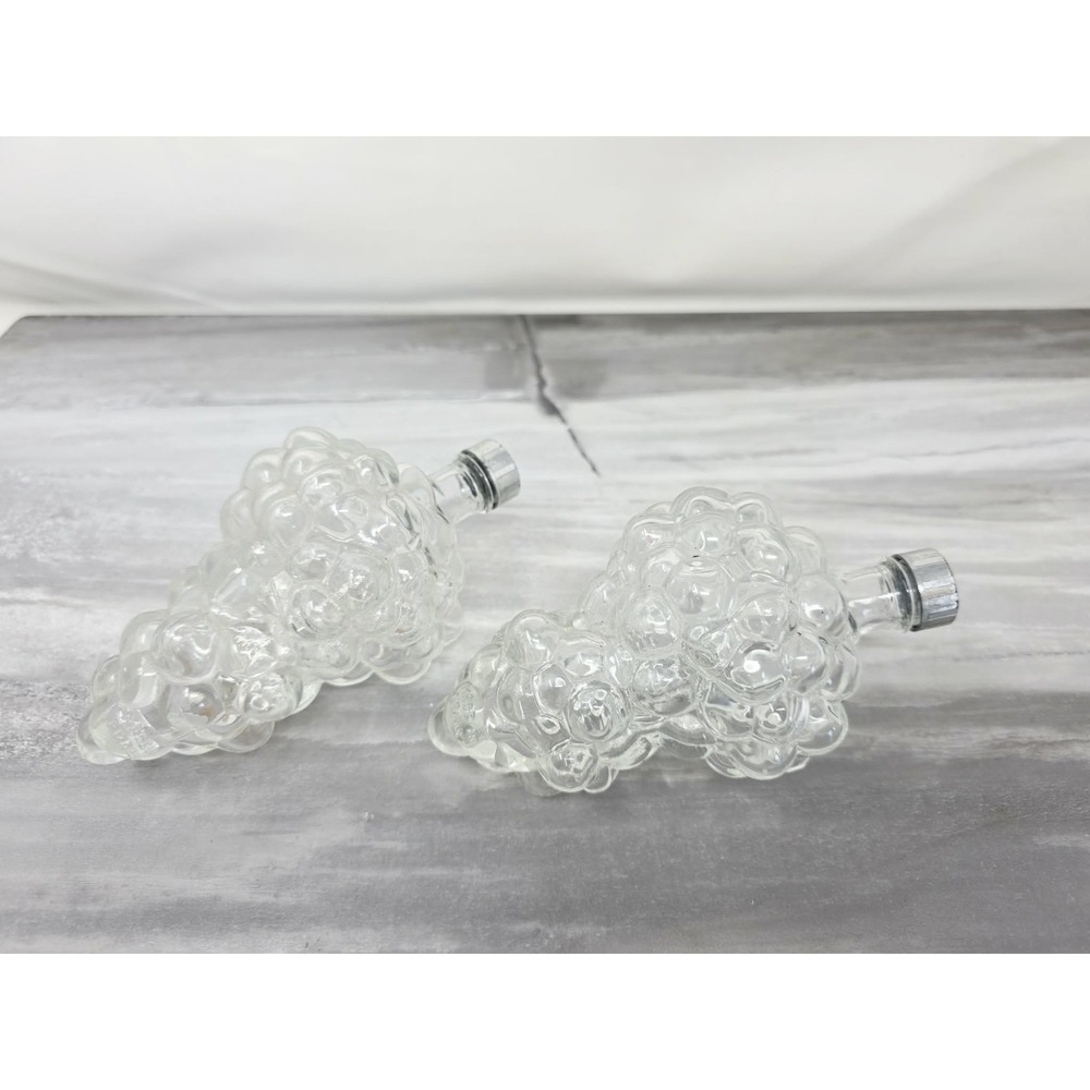 Pair (2) Vintage Grape Cluster Wine Bottle Decanterd Clear Glass w/ Lids France